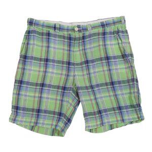 POLO Ralph Lauren Plaid 100% Linen Flat Front Shorts Size 34 Green Blue Preppy